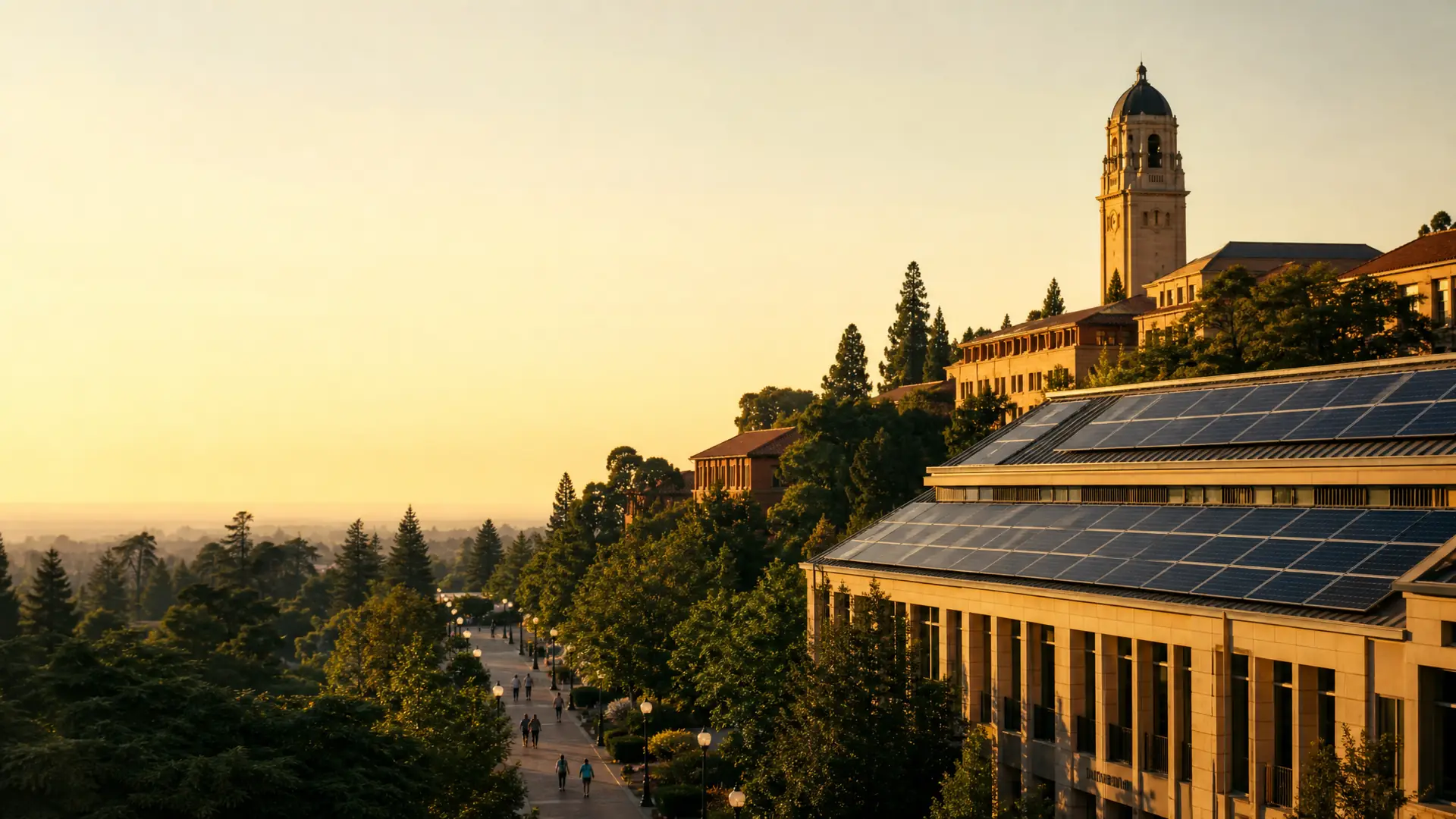 University campus at golden hour with solar panels on rooftops