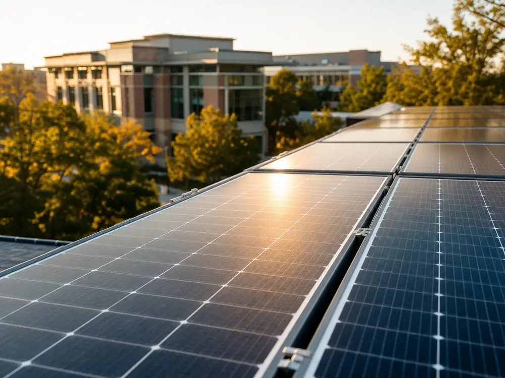 Close-up of solar panels on a university rooftop with campus buildings in the background